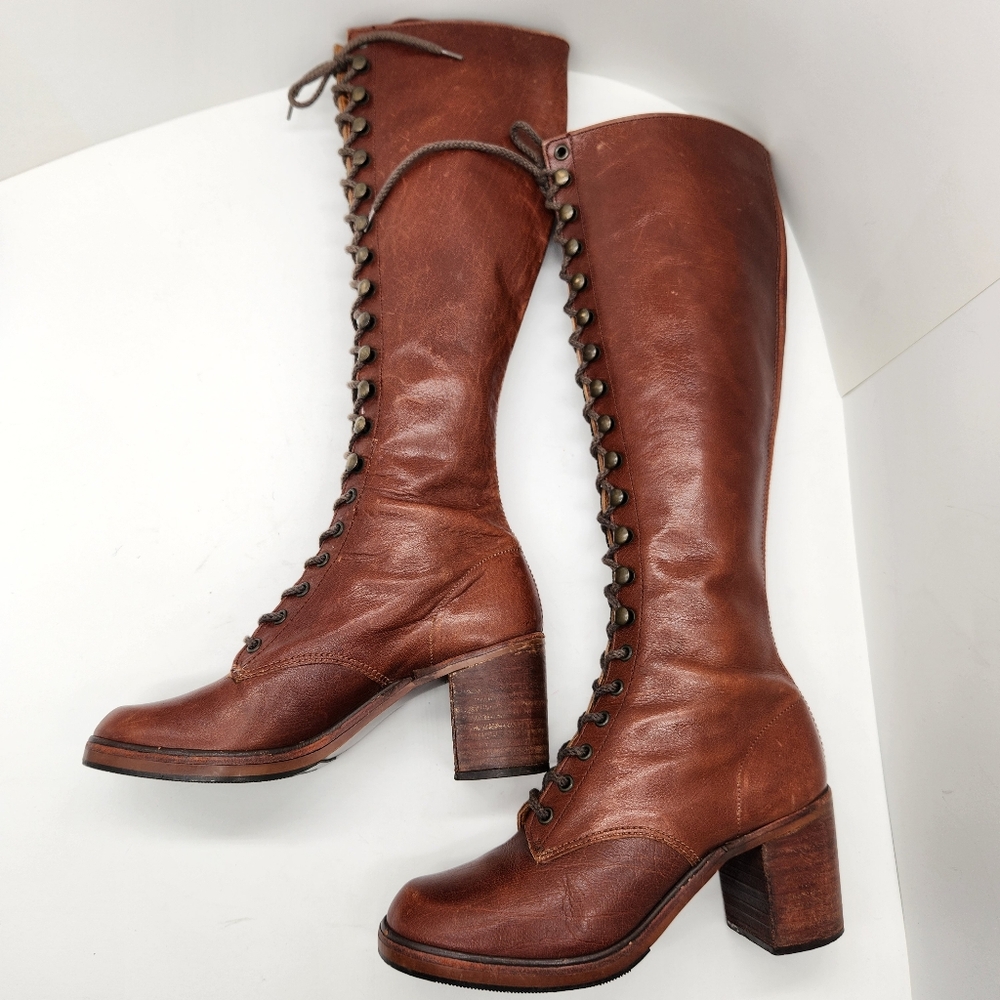 Vintage Thom McAn boots women 6.5 brown leather lace up knee high heel Made USA - Picture 2 of 16
